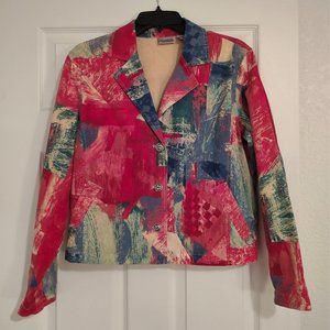 CHICO'S Artsy Print Denim Jacket~Ladies Size 1=8/M/Medium~Red/Blue/Green/Cream